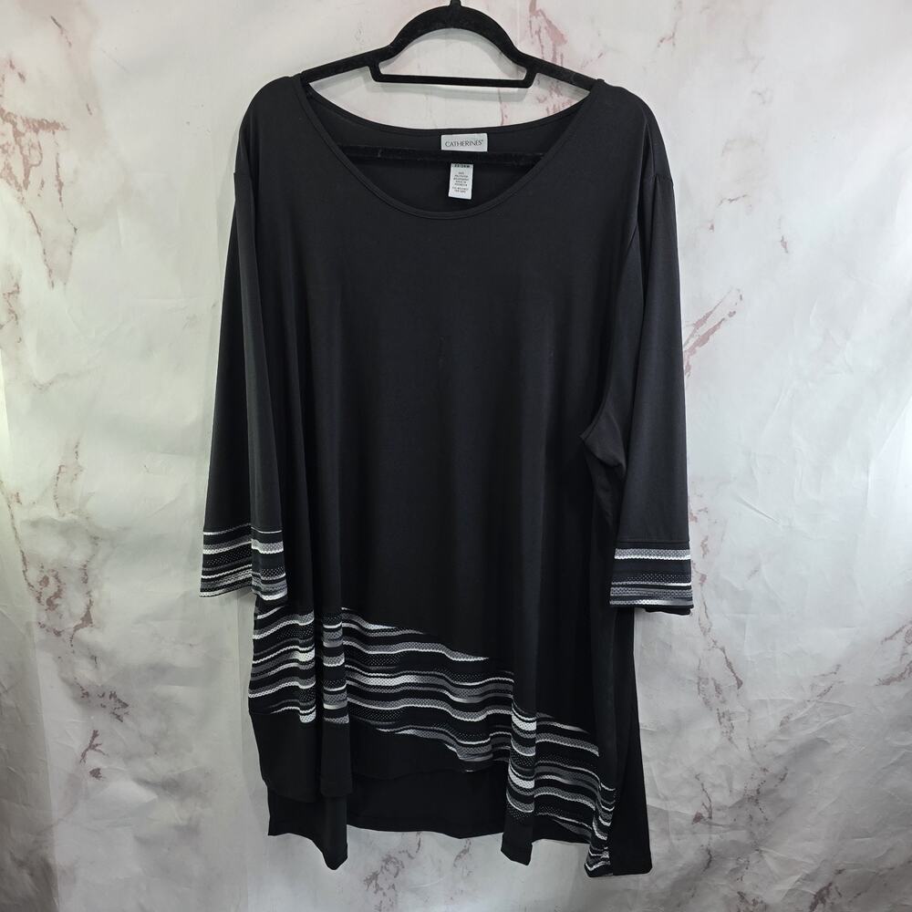 Catherines Shirt Womens 2X 22 24 Black White Blouse Long Sleeve Tunic Asymmetric